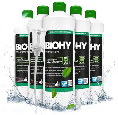 BiOHY Schmierseife (6 x 1 Liter) + Dosierer | Konzentrat für Bodenreinigung – Wischpflege für Holz, Parkett & Fliesen | Rückfettend, extra stark & ergiebig | Flüssiger Bio-Fußbodenreiniger