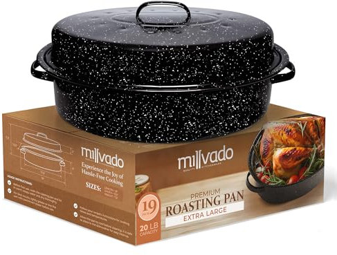 Millvado Roasting Pan With Lid, Thanksgiving Turkey Roaster Pan, Extra Large 20 lb Capacity, 19 Granite Oven Roaster Oval Shaped Speckled Enamel on Steel Cookware