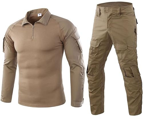 Czen Militär stridsskjorta för män taktiska uniform taktiska skjortor byxor Airsoft kostym BDU skjorta Paintball kamouflage outfit, kaki, L