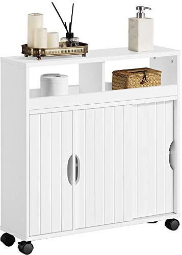 Yaheetech Mueble de Baño con Ruedas Armario de Suelo Estrecho con Puertas Correderas Mueble Cocina Auxiliar de Madera Lacada con Estantes para Espacio Estrecho 20 x 70 x 72 cm,Blanco