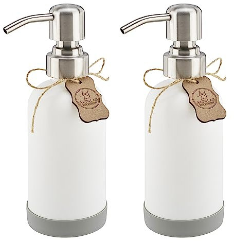 ALTGLAS Dispensador de Jabón 'Sarajevo' de Botella de Cristal Blanco con Cabezal de Bomba de Acero INOX y Posavasos de Silicona (2 Piezas a 250 ml)