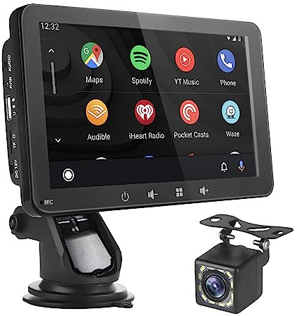 Pantalla Coche de CarPlay/Android Auto Inalámbrico - Portátil Radio Coche con Pantalla táctil de con Bluetooth | Mirror Link | Transmisor FM/USB/TF (7 Pulgadas con cámara)