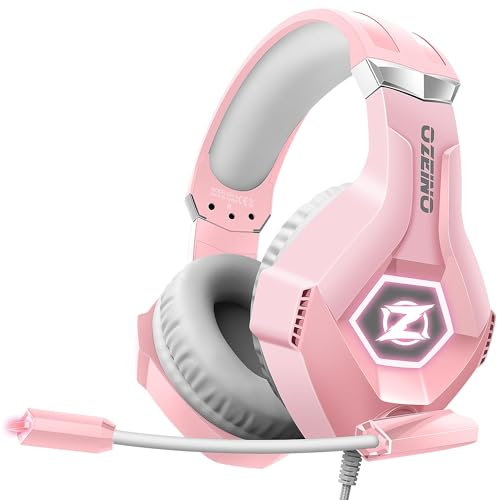 Ozeino Casque de Jeu avec Microphone 3D Surround Sound Casque avec Suppression du Bruit RGB lumières Rose