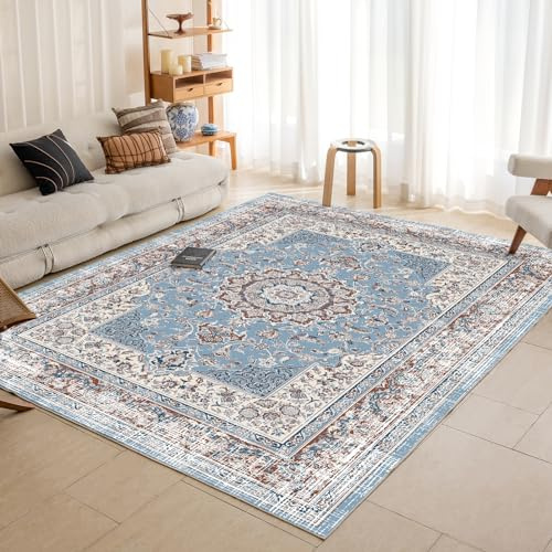 OMERAI Lavable Tapis Vintage Tapis Salon Pile Courte et Douce Tapis Chambre Boheme Chic antidérapant Tapis Traditionnel Oriental Tapis Bleu 120X170CM