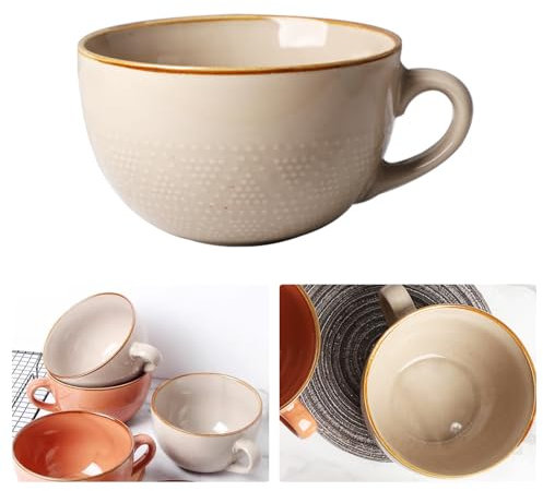 Kaffeetasse Groß, 700 ml Tasse Groß, Keramik Suppenschüssel mit Henkel, Kaffeebecher, Müslischalen Salat Schale mit Henkel, XXL Cappuccino Tassen, Ramen Schüssel (Khaki)