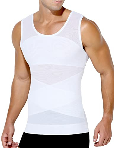 Casey Kevin Compression Vest Shirt Men Slimming Body Shaper Chest Tummy Control Shaperwear Mesh Tank Tops Tight Vest Undershirts, White, M