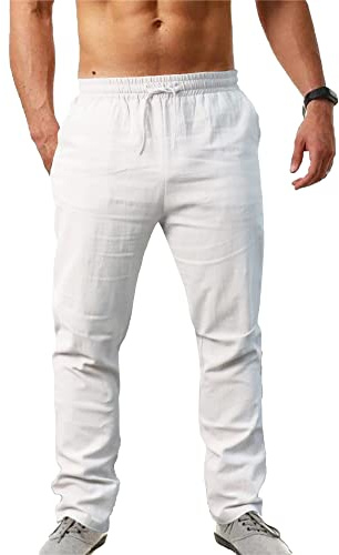 NANAMEEI Pantalon Lin Homme de Plage Pantalon Leger Ete Homme Décontractés Taille Elastique Casual Coton Yoga Pants Men Blanc L