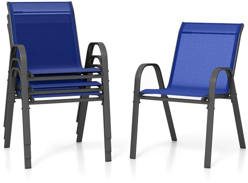 GOPLUS Trädgårdsstolar, set om 4, biststol, stapelbar med ryggstöd, armstöd, balkongstol av metall som kan belastas upp till 150 kg, stapelstol, matstol, utomhus för trädgård, terrasser, balkong, pool