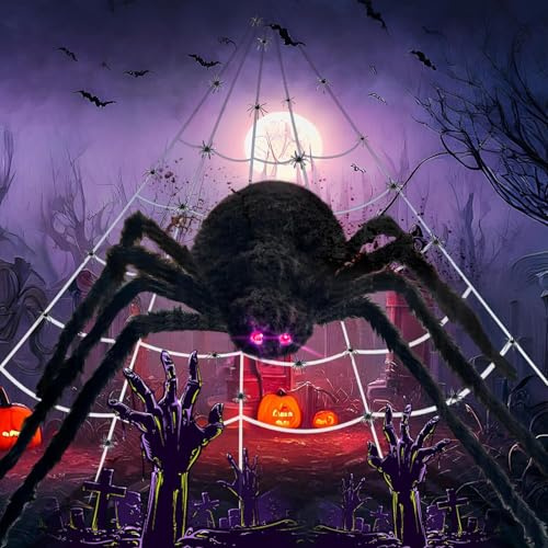 Twshiny Halloween spindelnät dekorationer, 5 m spindelnät gigantisk spindel halloween falsk stor hårig spindel rekvisita och gigantisk spindelnät