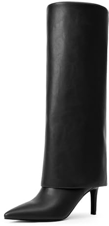 VIUGJNEX Black Boots for Women Fold Over Knee High Boots Stiletto Heel Long Tall Boots Pointed Toe Zipper Knee High Boots Size 7