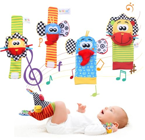 Sensorelle Hochet Poignet Bebe, Jouet Bebe 3 Mois 4pcs, Développement Sensoriel et Eveil Hochet Pied et Poignet, Jouet de Développement Cadeau Hochet Main et Pied Pour Bebe