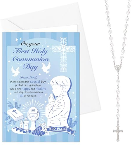 HOWAF First Holy Communion Gift for Boys, Blue First Holy Communion Card and First Holy Communion Gift for Son Grandson 1st Communion Gifts, First Communion Rosary for Boys