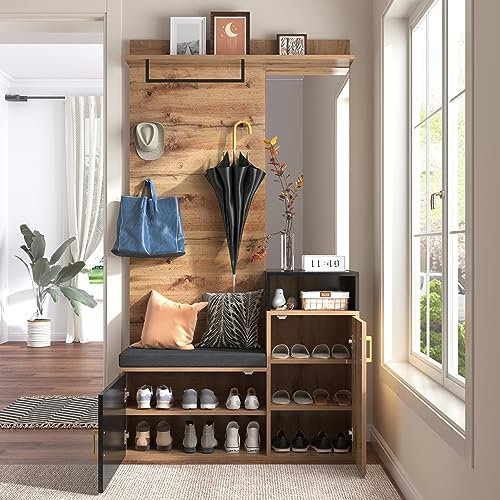 Oslghy Garderobenset Wandgarderobe, Flurgarderobe Set mit Schuhbank Spiegel und Kissen, Schuhschrank Garderoben Set mit 4 Kleiderhaken und Türen, Kompaktgarderobe für Flurmöbel, 105x40x191.5cm (Black)