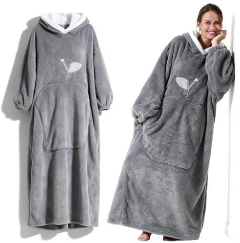 Coperta con maniche oversize, lunga 140 cm, con maniche, coperta con maniche e cappuccio, unisex, oversize, morbida, calda e confortevole, regalo per la famiglia e gli amici (grigio)