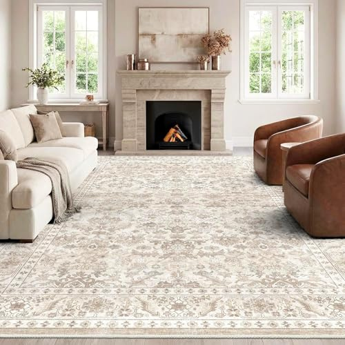 HOMFINE 200x300cm Beige Vintage Washable Area Rug for Bedroom Living Room | Machine Washable Rug, Traditional Printed Design, Soft Short Pile, Non-Slip Non-Shedding