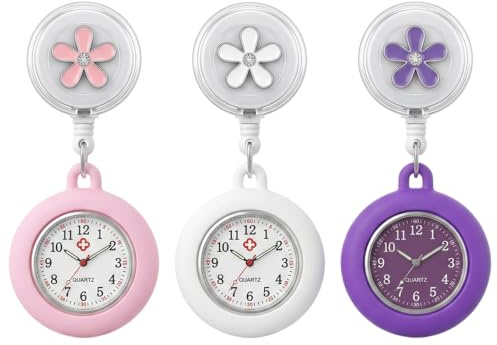 3Pcs Retractable Nurse Fob Watch, Luminous Clip-on Pocket Watches for Women | Silicone Cover Floral Medical Watch for Doctors Paramedics, Glow in The Dark Nursing Accessories