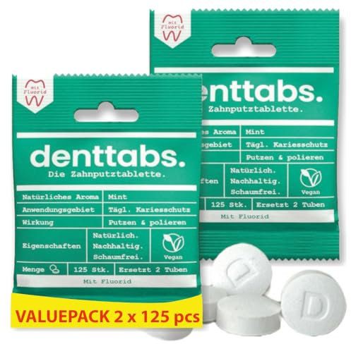 DENTTABS Zahnputztabletten 250 Stk | Mint mit Fluorid | vegan & plastikfrei | 4 Monate Zahnpflege | nachhaltige Alternative zur Zahnpasta