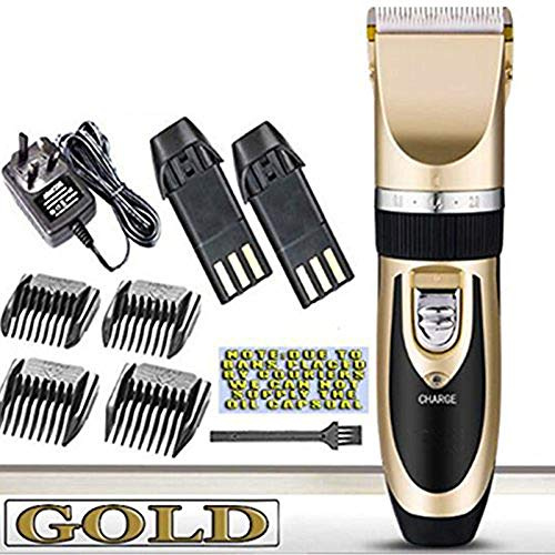 Cortadoras de cabello súper silenciosas, batería inalámbrica Máquina de corte de cabello eléctrica RECARGABLE RECORTADOR DE PINTADOR DE PELO en casa Juego de tijeras de peluquero (oro)