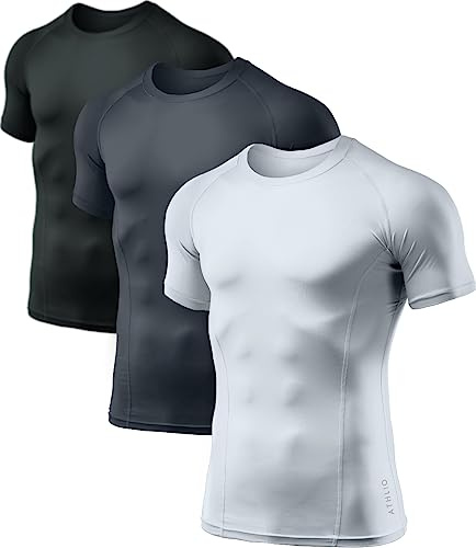 ATHLIO Men's Cool Dry Short Sleeve Compression Shirts, Sports Baselayer T-Shirts Tops, Athletic Workout Shirt, 3pack Tops Black/Charcoal/White, Large