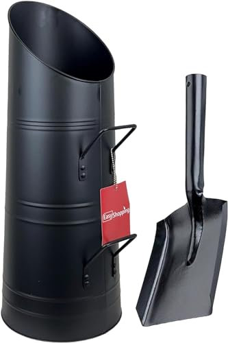 Srendi® Heavy Duty Anthracite 23 Coal Hod, Bucket Coal Scuttle Black Bronze Galvanised High Quality for Fireplace Fire Side Option with Shovel and Poker (Black Coal Hod + Shovel)