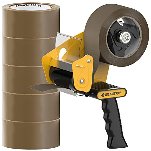 BLOSTM Tape Gun & Brown Packing Tape 6 PCS - Strong Parcel Tape Dispenser with 6 Rolls for Sealing Parcel Boxes, Packaging & Moving House
