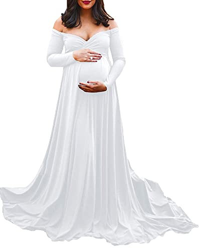 YAOTT Gravid klänning moderskap fotografi V-hals långärmad moderskapsklänning elegant graviditet elegant lång moderskap gravid för foto bröllop kväll, Vitt och blått, L