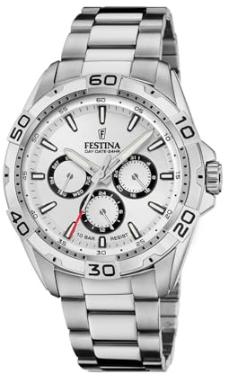 Festina Montre Homme Analogique en Acier Inoxydable 316L Argenté - Mouvement Quartz - Calendrier - Verre Minéral Haute Résistance - Étanche 10 ATM - Multifonction F20623/1