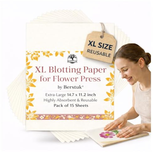 XL Blotting Paper for Flower Press by Berstuk® • Extra-Large 14.7 x 11.2 inch • Highly Absorbent and Reusable Herbarium Paper • Pack of 15 Blotter Sheets