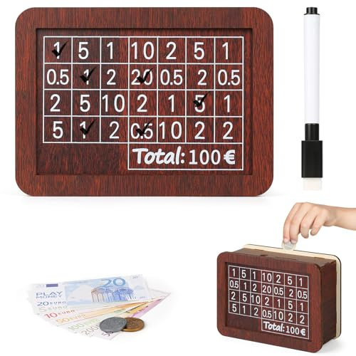 Bohoray 100€ Salvadanaio In Legno Adulti,Scatola Del Denaro 100,Salvadanaio €100 con Adesivi e Pennarello, Riutilizzabile Conta Soldi Cash Box Per Aiutare Bambini A Sviluppare l'Abitudine