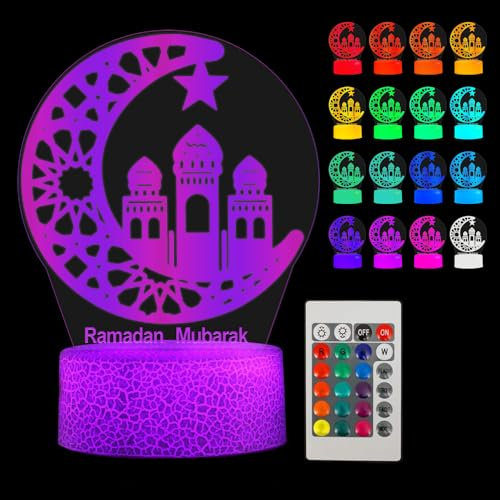 HRKVSK 3D Ramadan Dekoration LED Lamp, 16 Farben Eid Dekorationen Mond Stern Nachtlichter, Ramadan Mondlampe mit Fernbedienung, LED Ramadan Dekoration Licht für Outdoor Indoor Party Deko