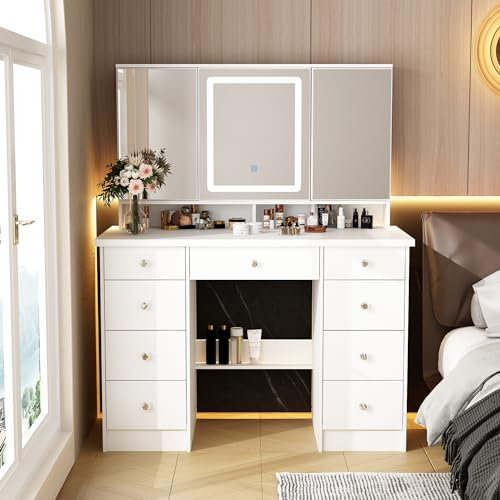 DEZAGCE Tocador con iluminación LED, mesa cosmética con espejo rectangular grande, 9 cajones, gran espacio de almacenamiento, blanco, MDF, ‎50 x 110 x 137 cm