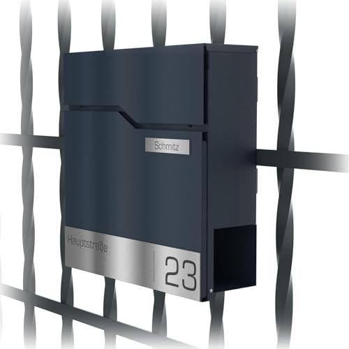 Graviers Design Buzón en antracita RAL 7016 con soporte para valla, buzón personalizado de acero inoxidable, nombre de calle, número de casa, buzón con candado, compartimento para periódicos,