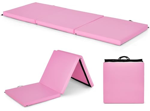 COSTWAY 180 x 60 x 5 cm Colchoneta de Gimnasia Plegable, Esterilla de Gimnasia con Superficie Impermeable y Algodon Perlado, Estera Suave de Yoga con 2 Asas para Niños Adultos (Rosa Puro)