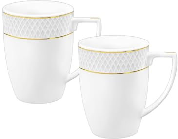 Wilmax - Lot de 2 tasses à thé et à café - 450 ml - Mug en porcelaine avec motif doré - Lot de mugs - Mug pour thé, cappuccino - Blanc