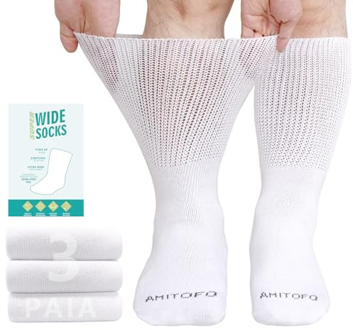 LOFIR Calze Diabetiche Uomo in Cotone: Calzini Senza Elastico e Senza Cuciture Donna Calze Extra Larghe Diabetiche per Caviglie e Piedi Gonfi 3 Paia Bianco 39-46