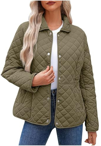 Winter Jacket Women Warm Lghtweight Padded Quilted Jacket Outwear Lapel Collar Button Down Long Sleeve Jackets Casual Sweatshirt Loose Outerwear Cotton Open Front Cardigan UK Size 8-18 Army Green