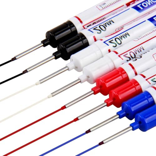 8 Pcs Marqueur Trou Profond, Marqueurs Charpentier, Marqueurs Imperméables Pointe Longue de 20 mm, Marqueur Precision Chantier pour Bois, Métal, Plastique et Carton, Noir, Bleu, Rouge, Blanc