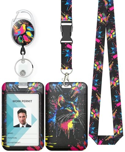 Uniclife Porta Tarjetas Identificativas Deslizante a la Moda Funda de Plástico Gato con Llavero Retráctil y Correa de Cordón Desmontable Protector de Tarjetas Vertical en Relieve para Trabajador