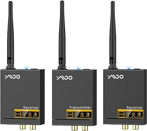 YMOO 3 in 1 Drahtlos Bluetooth Sender Empfänger (1 TX + 2 RX) fur TV, Wireless Audio Transmitter Receiver, 20ms Extrem Niedrige Latenz,320 Fuß Reichweite, Wireless Audio Adapter für/Lautsprecher/PC