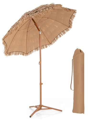 COSTWAY parasoll Hawaii, halmparaply med fällbart stativ | Strandparasoll halm, lutbar, trädgårdsparaply med bärväska, marknadsparaply för trädgård, terrass, strand