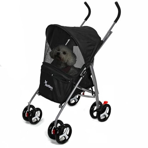 Actiaspet Pet Stroller with Waterproof Cover Foldable with Swivel Wheels 15 kg Carrying Capacity (Black, Stroller)