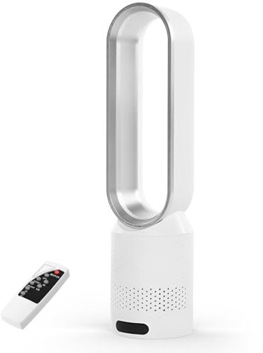 UOEONR Ventilateur tour 2 en 1,Très silencieux et purificateur d'air,Ventilateur sans rotation,Avec télécommande,8 vitesses,Oscillation à 90°,Minuterie,Refroidisseur de pièce oscillant (Argenté)