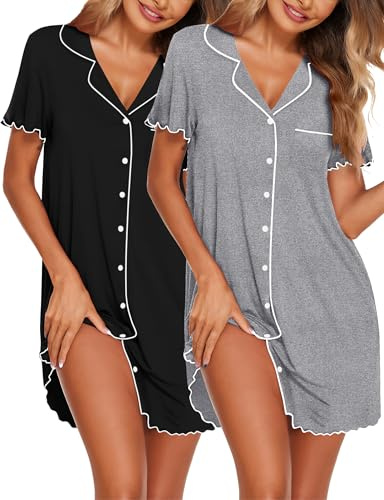 Ekouaer Chemise de Nuit Femme Été 2 Pièces Manches Courtes Pyjama avec Boutons Confortable Décolleté en V Ouverte Devant Robe de Nuit