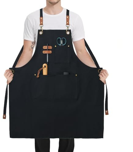 FunChaos Plus Size Canvas Aprons, Kitchen Chef Aprons, Heavy Duty Work Bib Aprons for Men Women, Adjustable Cross Back Strap Aprons with Large Pockets for Cooking Gardening BBQ, Black