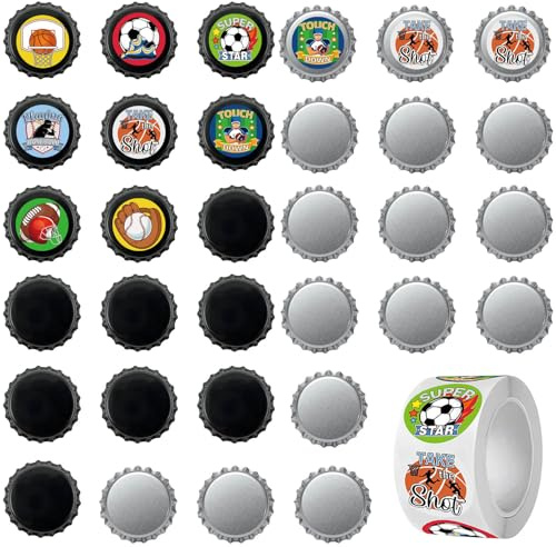ZWWOGE 32 Tapas de Hoja de Estaño, Negro y Plata, Cierre Botella Cerveza & Set Cierre Botella, para Botellas de Cerveza y Vidrio, DIY con Rollo de Pegatinas de Fútbol, para Sellado Seguro