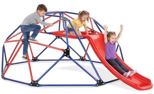 tectake® Cúpula de Escalada Niños 185 x 243 x 90 cm con Tobogan, Estructura de Acero Resistente, Juegos Exterior Niños, Parque, Tobogan Infantil, Toboganes Infantiles Exterior - Rojo/Azul