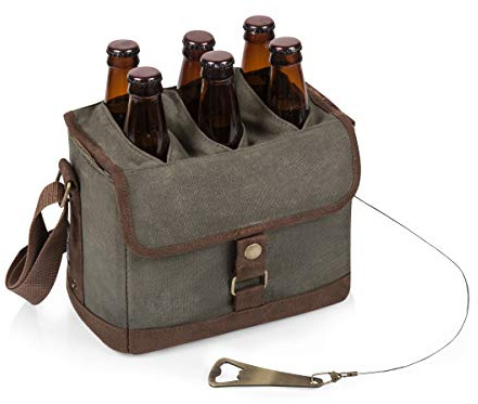 PICNIC TIME Beer Caddy, Drink Caddy and 6-pack Cooler Tote, Drink Carrier with Handle, Bottle Opener, Removable Divider, Shoulder Strap Gifts for Beer Lovers, (Khaki Green with Brown Accents)
