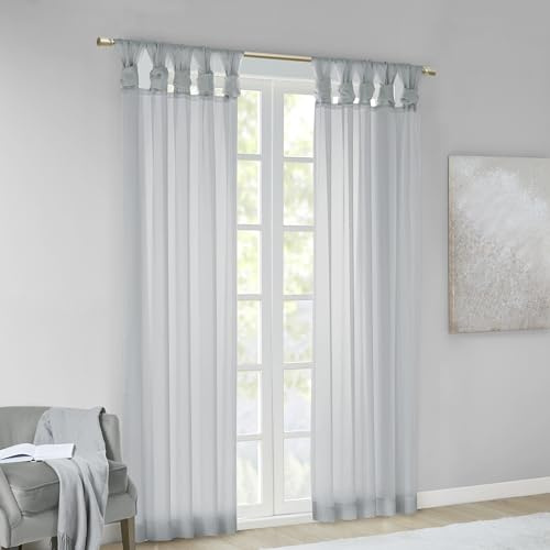 Madison Park Ceres DIY Twisted Tab Sheer Curtain, Pair Panels, Lightweight Window Treatment, Voile Privacy, Light Filtering Drape for Bedroom and Apartment, 50 in x 84 in, Light Grey 2 Piece