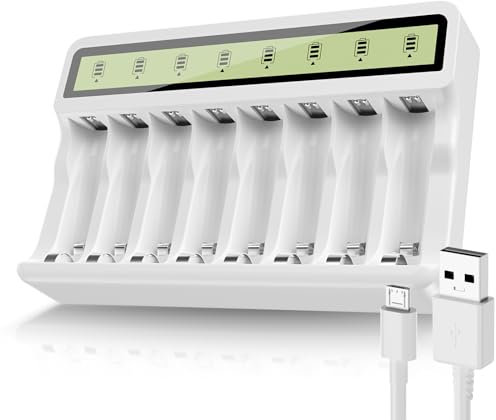 POWEROWL Cargador de Pilas Recargables AA AAA con 8 Ranuras, Inteligente Cargador de Pilas con Pantalla LCD (Puerto USB, Sin Pilas)