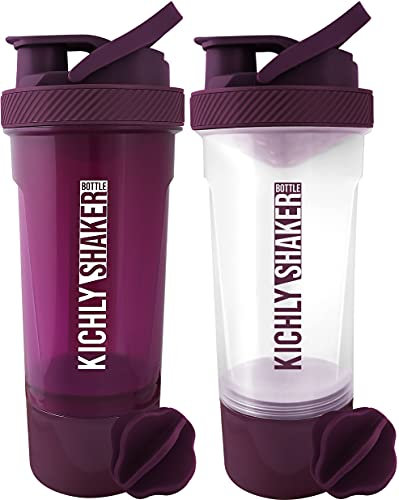 KICHLY Pack de 2 Shaker proteines avec boule mélangeuse (700ml, 24Oz) et récipient de stockage des suppléments - Partenaire de fitness parfait (Prune et clair)